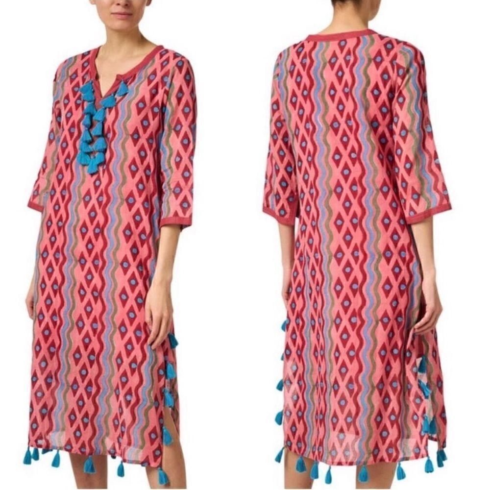 OLIPHANT Midi Kaftan Dress Cotton Voile Tassels Geometric Red/Blue Resortwear.